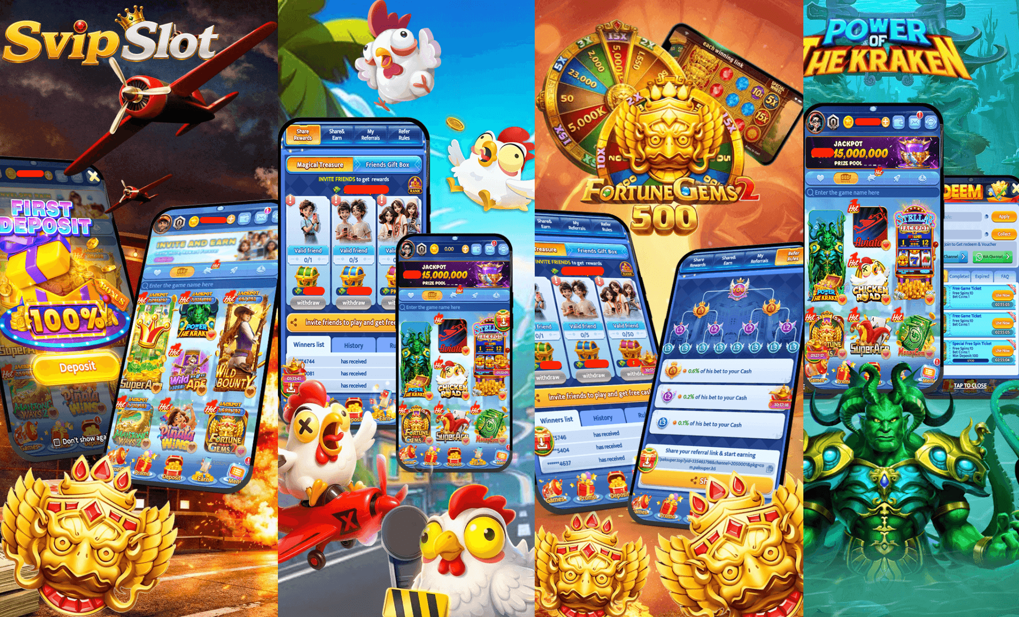 Svip Slot lobby screens – first-deposit tile, invite chest, Fortune Gems 2, Power of the Kraken