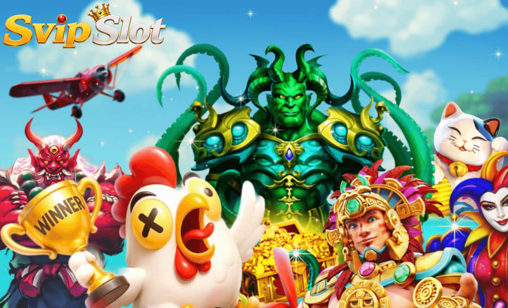 Svip Slot theme cast – Kraken figure, Fortune Gems chicken, lucky cat, trophy art